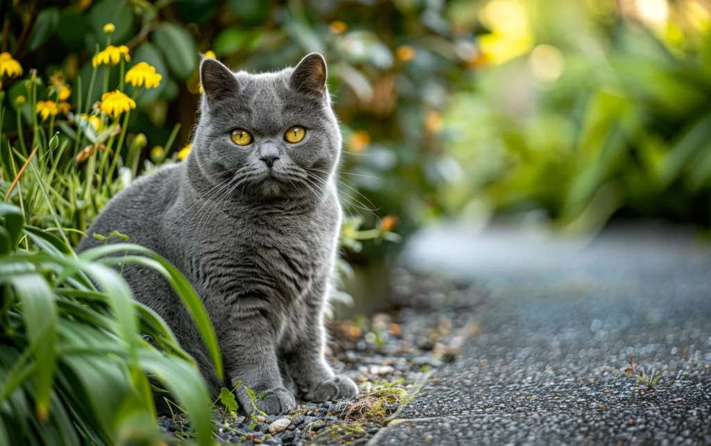 Chat gris aux yeux jaunes dans jardin.