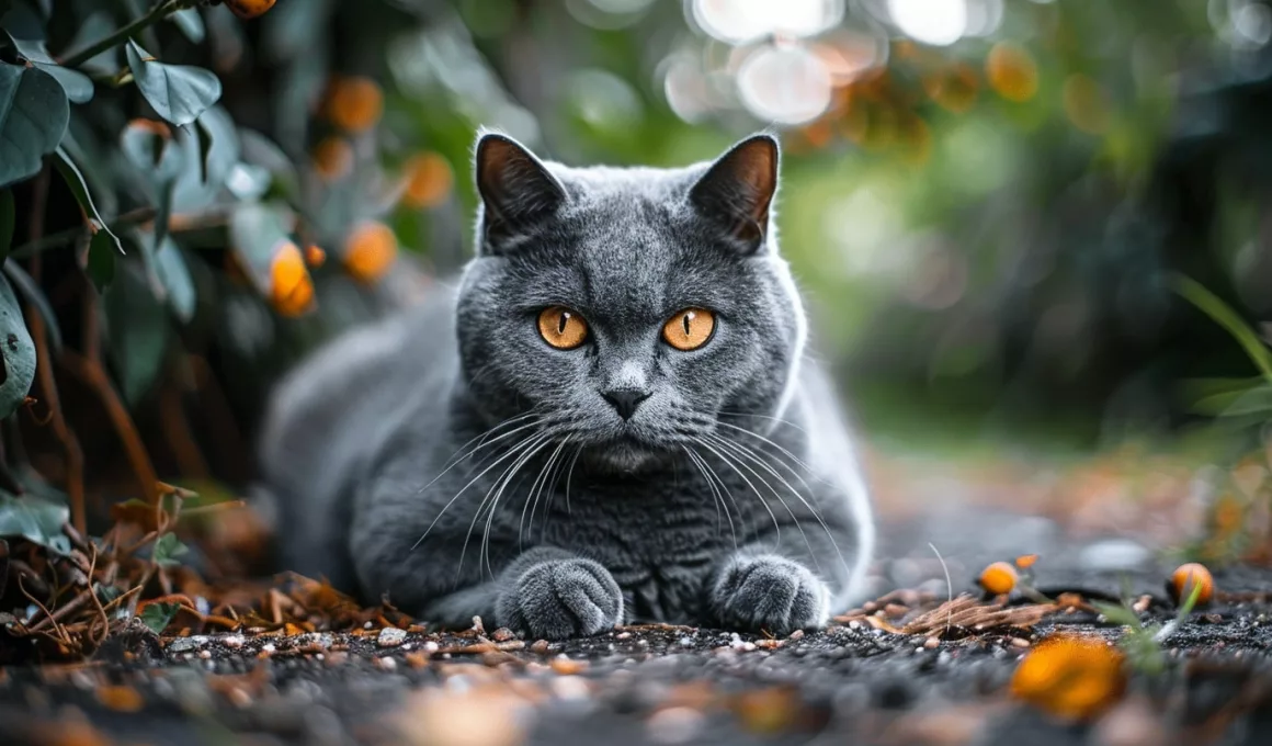 Chat gris aux yeux orangés en extérieur.