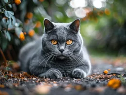 Chat gris aux yeux orangés en extérieur.