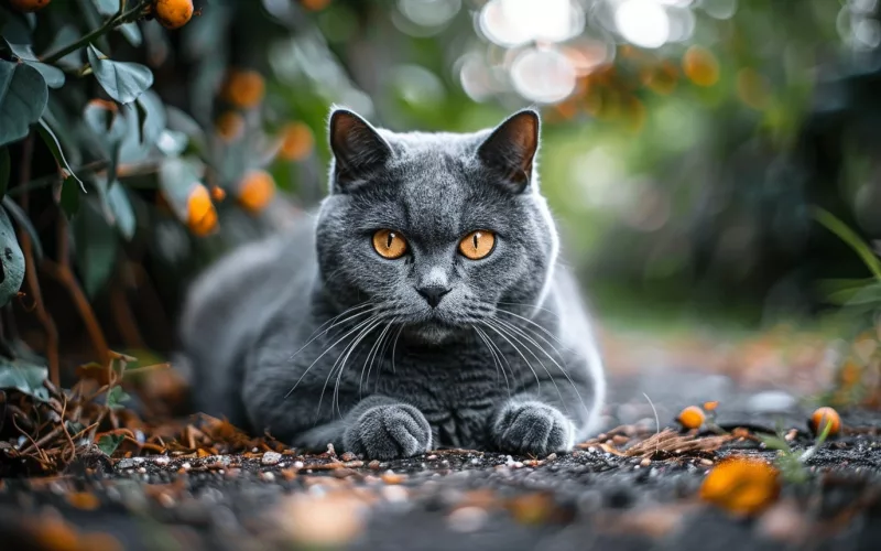 Chat gris aux yeux orangés en extérieur.