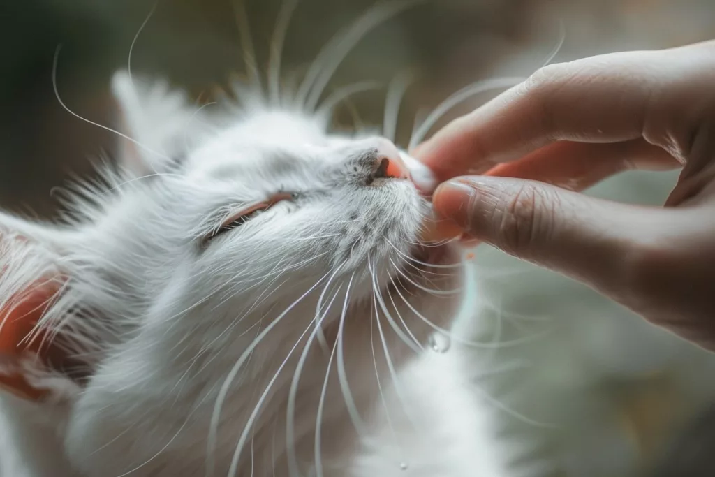 Chat blanc caressé sous le menton par une main