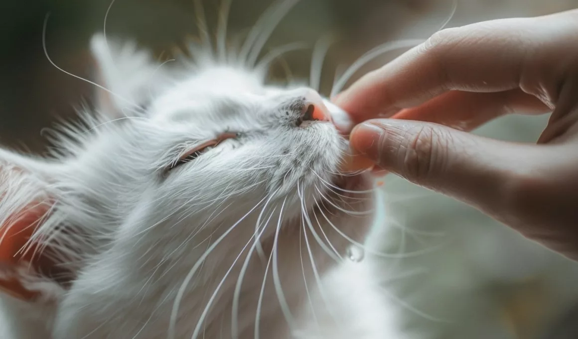 Chat blanc caressé sous le menton par une main