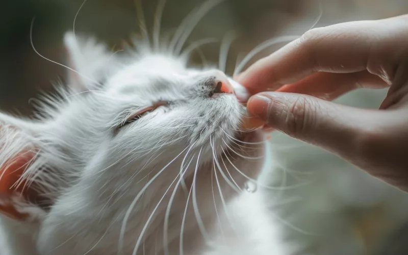 Chat blanc caressé sous le menton par une main