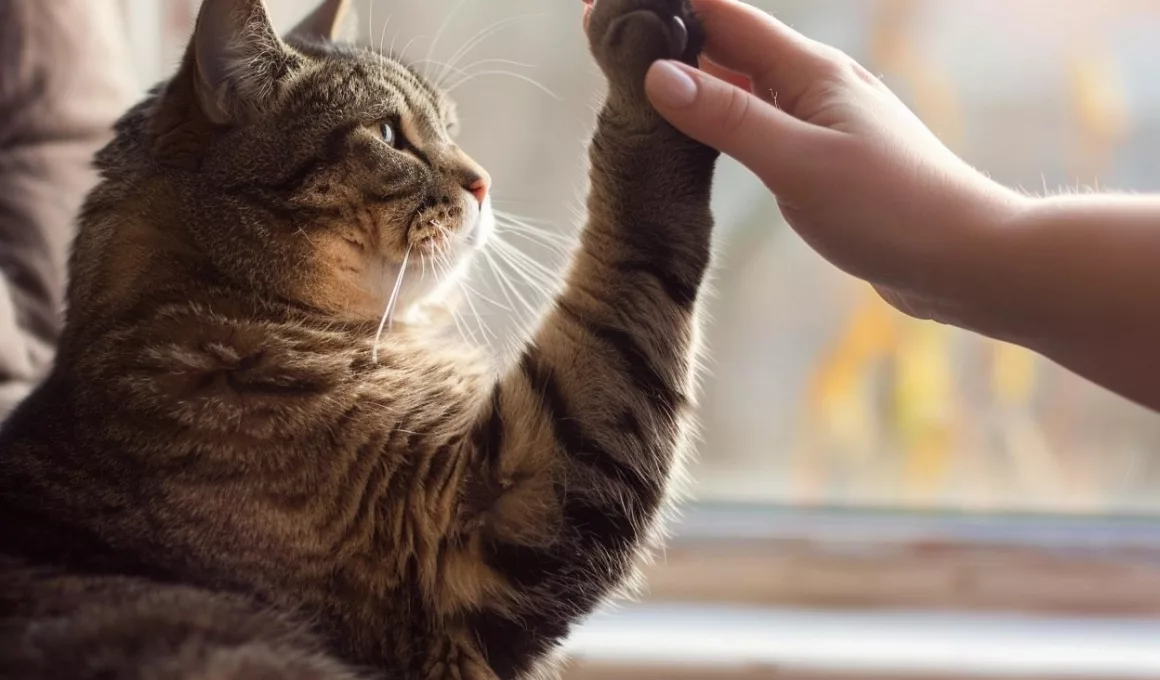 Chat tigré touchant doigt humain