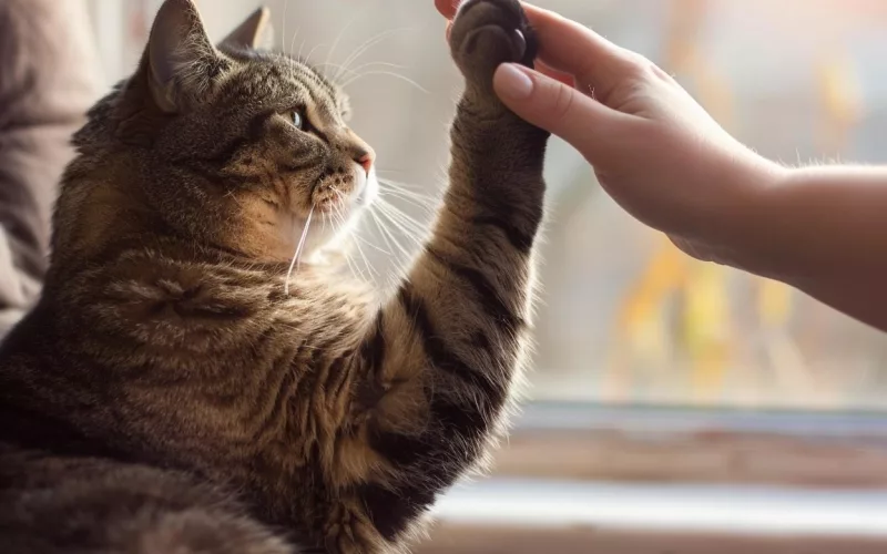 Chat tigré touchant doigt humain