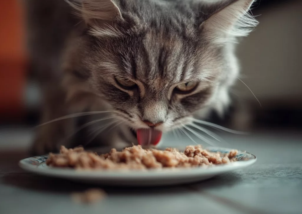 Chat gris mangeant de la pâtée