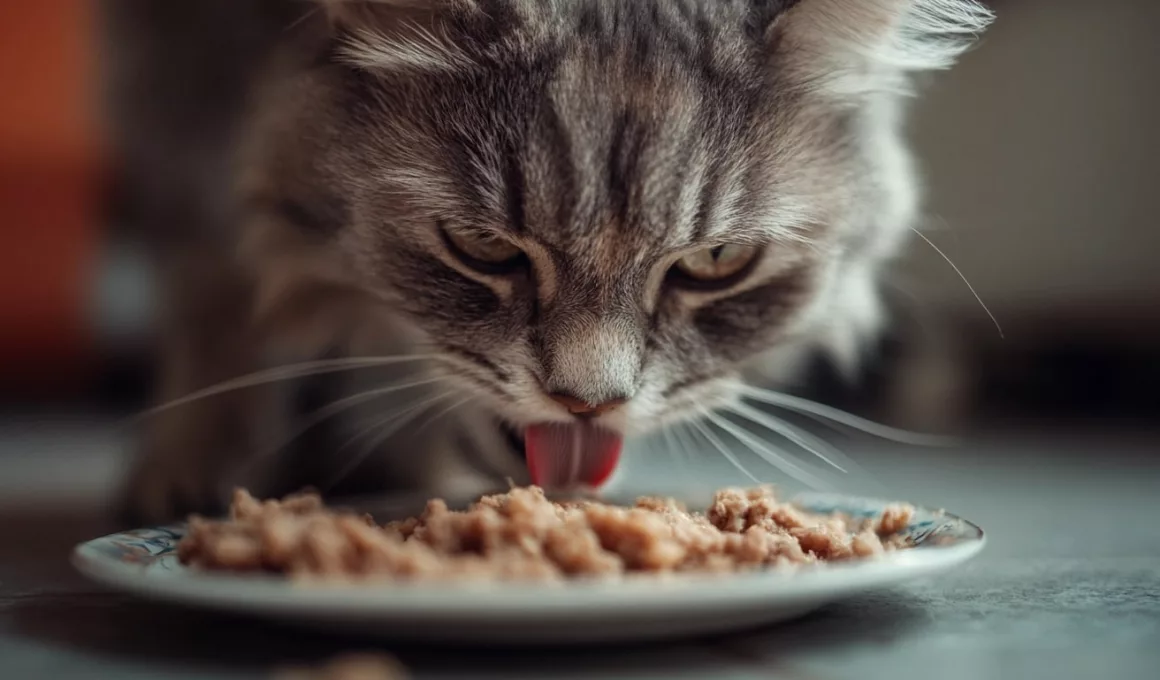 Chat gris mangeant de la pâtée