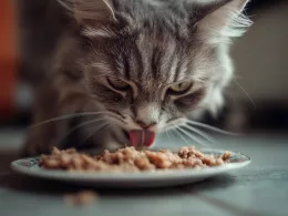 Chat gris mangeant de la pâtée