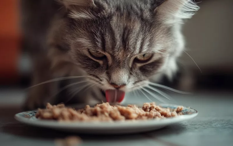 Chat gris mangeant de la pâtée