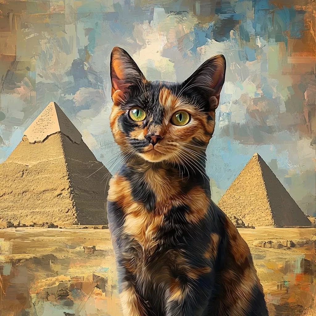 Chat devant pyramides égyptiennes, style peinture.